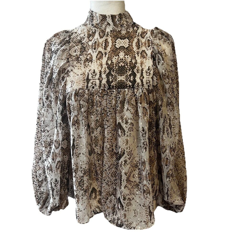 Bardot‎ Womens Blouse Puff Sleeve Semi Sheer Mock Neck Size XS 2 Snake Print NEW